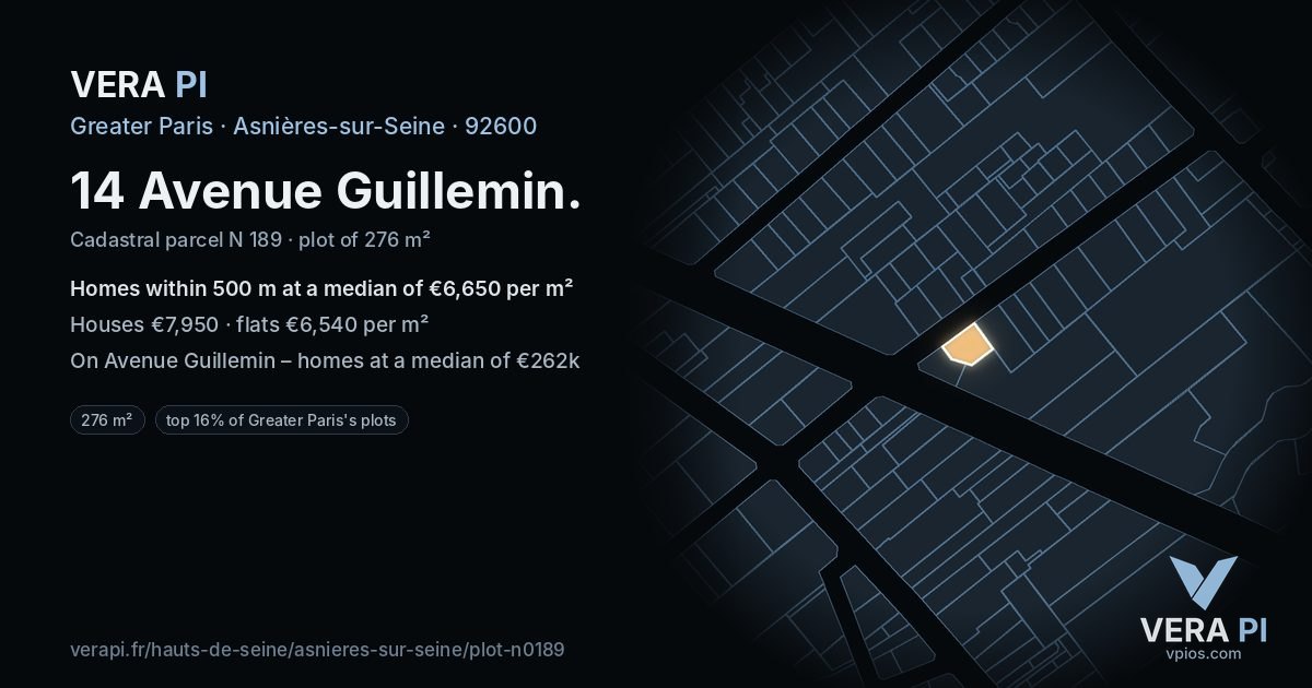 14 Avenue Guillemin, Asnières-sur-Seine at night – the plot lit, the parcels around coloured by the prices near them