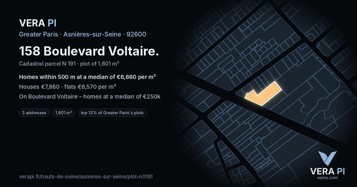 158 Boulevard Voltaire, Asnières-sur-Seine at night – the plot lit, the parcels around coloured by the prices near them