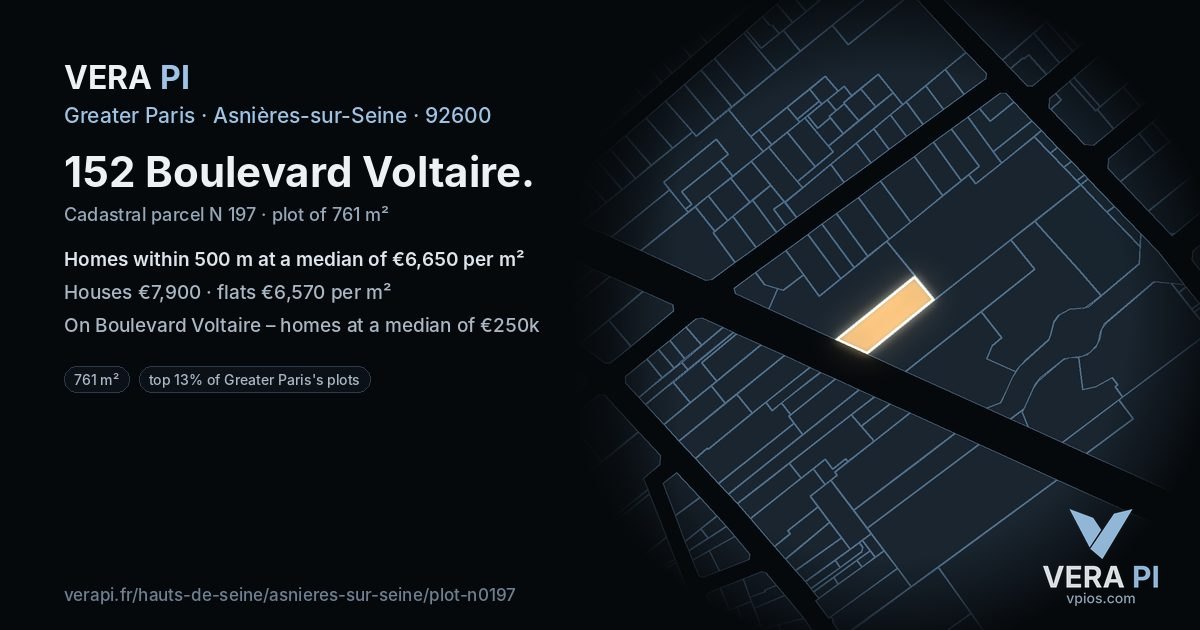 152 Boulevard Voltaire, Asnières-sur-Seine at night – the plot lit, the parcels around coloured by the prices near them