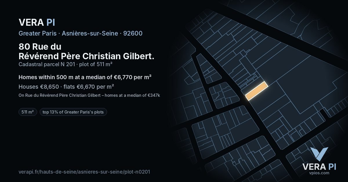 80 Rue du Révérend Père Christian Gilbert, Asnières-sur-Seine at night – the plot lit, the parcels around coloured by the prices near them