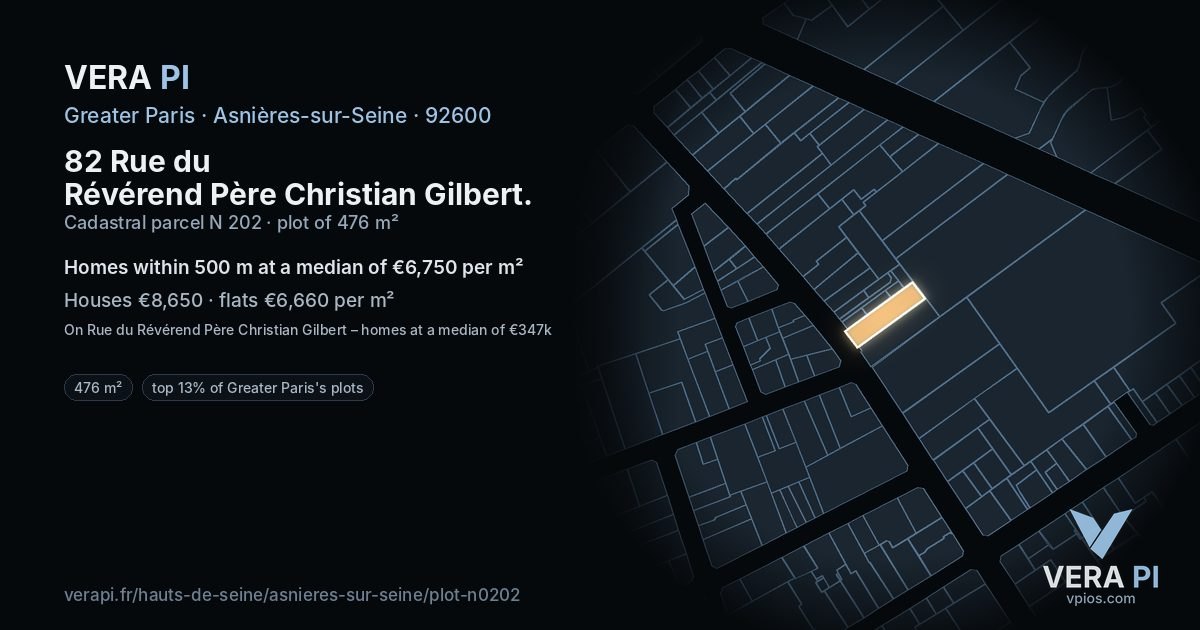 82 Rue du Révérend Père Christian Gilbert, Asnières-sur-Seine at night – the plot lit, the parcels around coloured by the prices near them