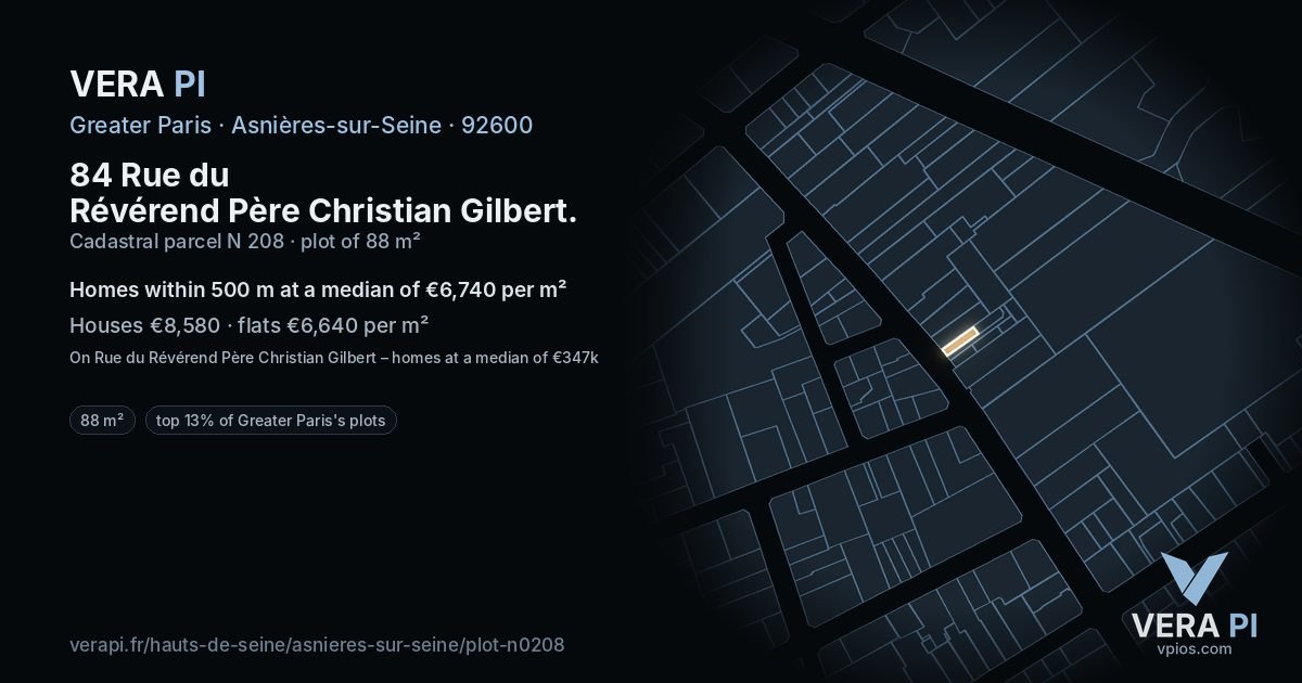 84 Rue du Révérend Père Christian Gilbert, Asnières-sur-Seine at night – the plot lit, the parcels around coloured by the prices near them