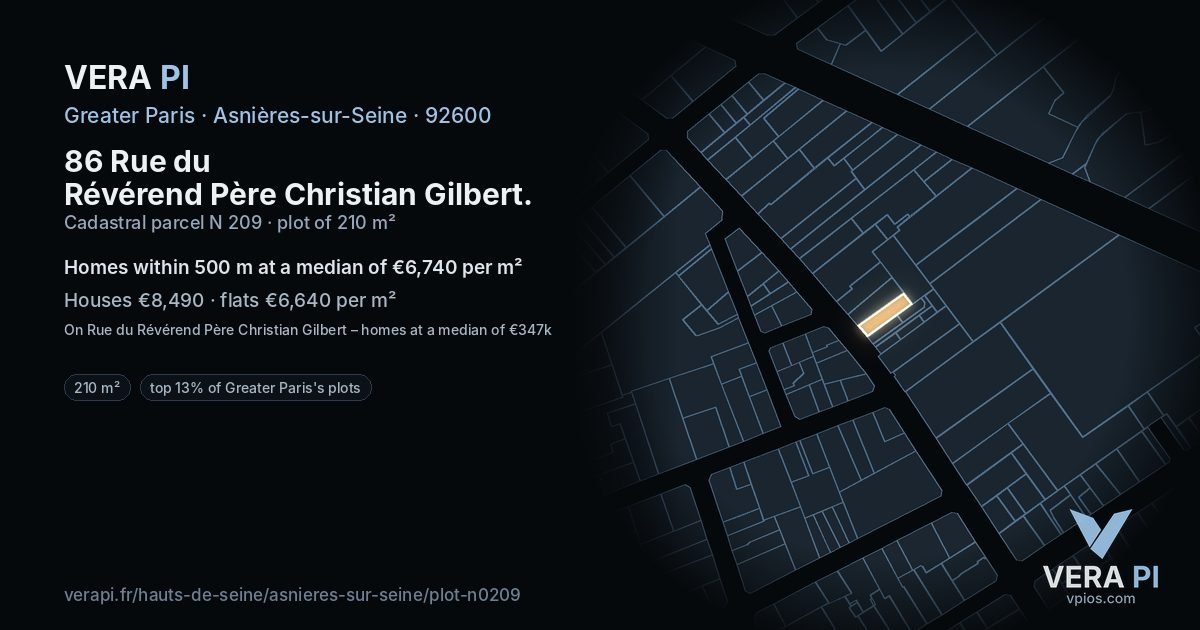 86 Rue du Révérend Père Christian Gilbert, Asnières-sur-Seine at night – the plot lit, the parcels around coloured by the prices near them