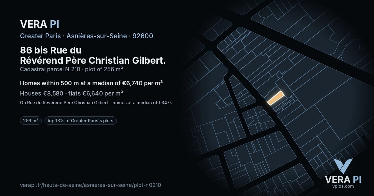 86 bis Rue du Révérend Père Christian Gilbert, Asnières-sur-Seine at night – the plot lit, the parcels around coloured by the prices near them