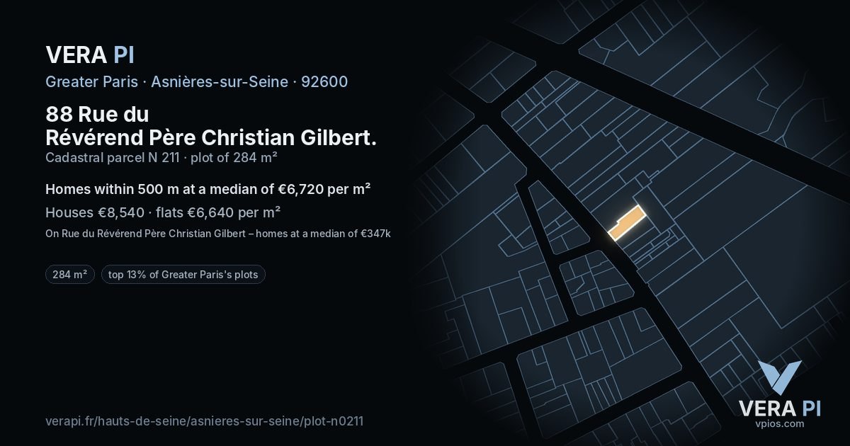 88 Rue du Révérend Père Christian Gilbert, Asnières-sur-Seine at night – the plot lit, the parcels around coloured by the prices near them