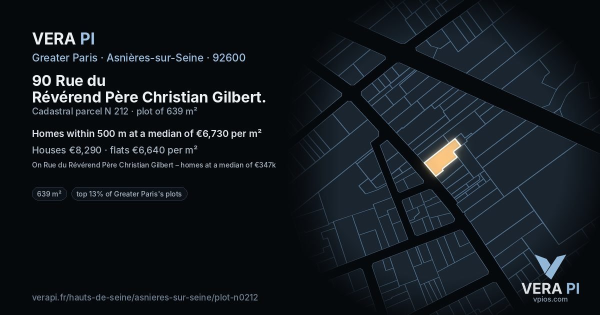 90 Rue du Révérend Père Christian Gilbert, Asnières-sur-Seine at night – the plot lit, the parcels around coloured by the prices near them