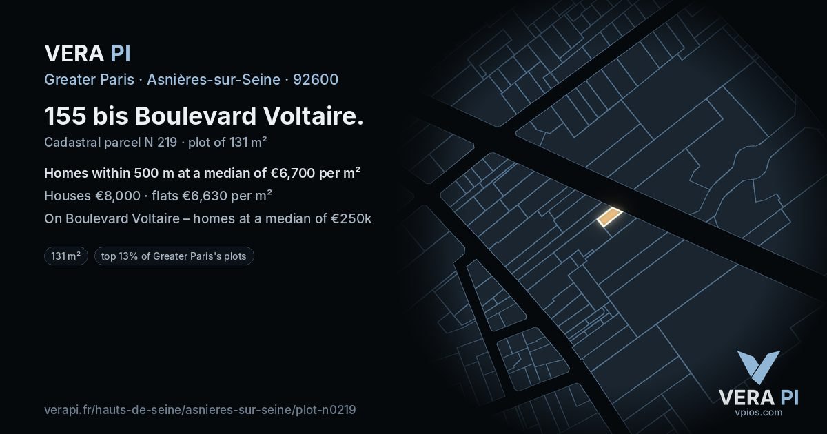155 bis Boulevard Voltaire, Asnières-sur-Seine at night – the plot lit, the parcels around coloured by the prices near them