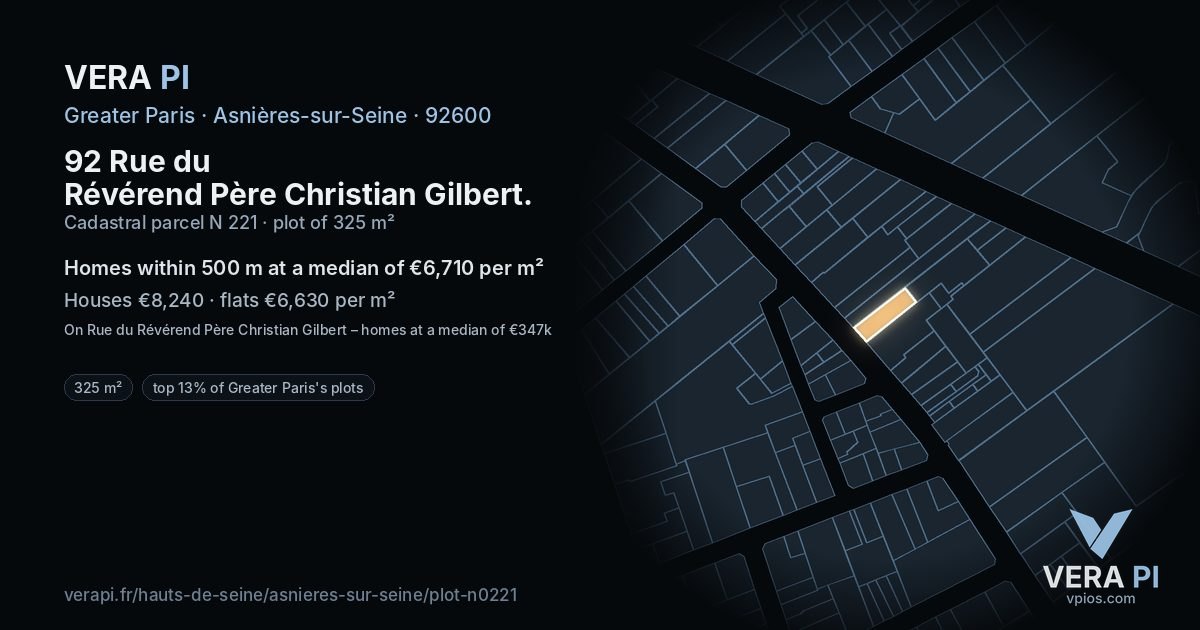 92 Rue du Révérend Père Christian Gilbert, Asnières-sur-Seine at night – the plot lit, the parcels around coloured by the prices near them