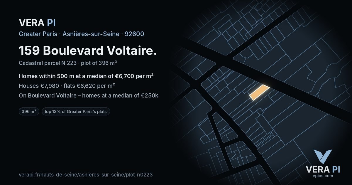 159 Boulevard Voltaire, Asnières-sur-Seine at night – the plot lit, the parcels around coloured by the prices near them