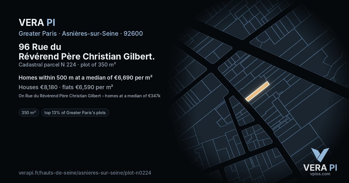 96 Rue du Révérend Père Christian Gilbert, Asnières-sur-Seine at night – the plot lit, the parcels around coloured by the prices near them