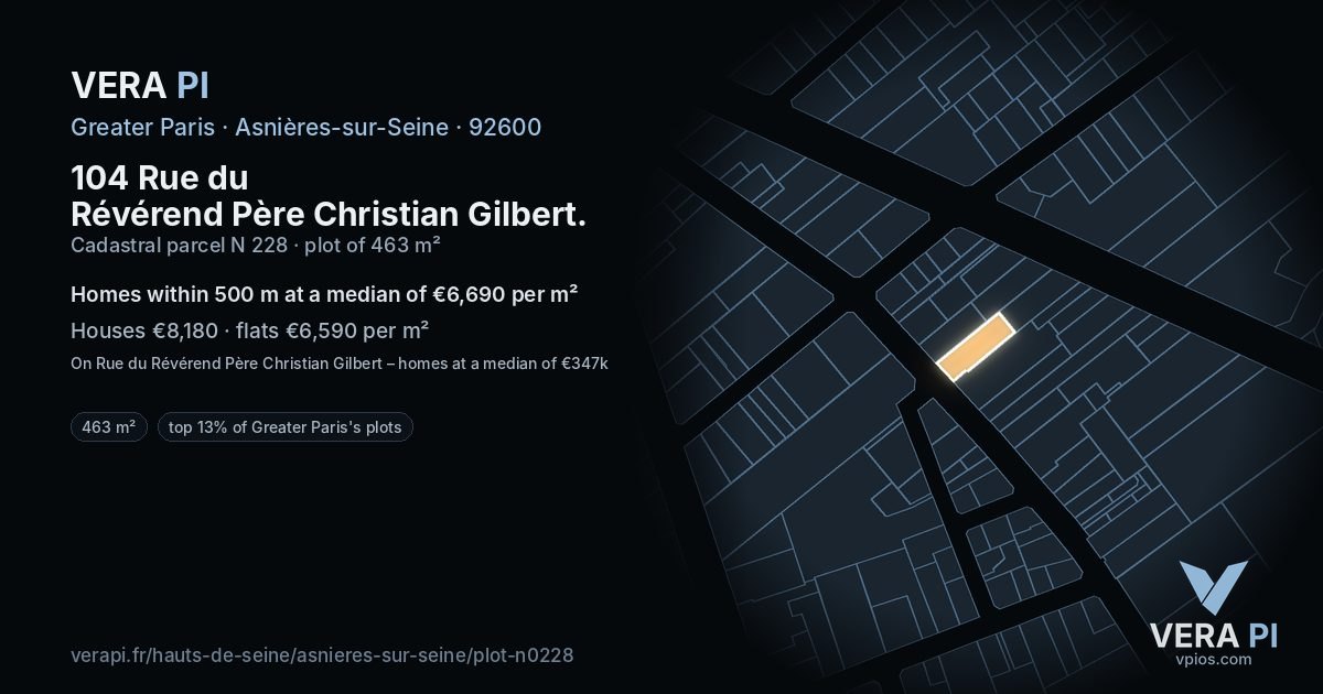 104 Rue du Révérend Père Christian Gilbert, Asnières-sur-Seine at night – the plot lit, the parcels around coloured by the prices near them