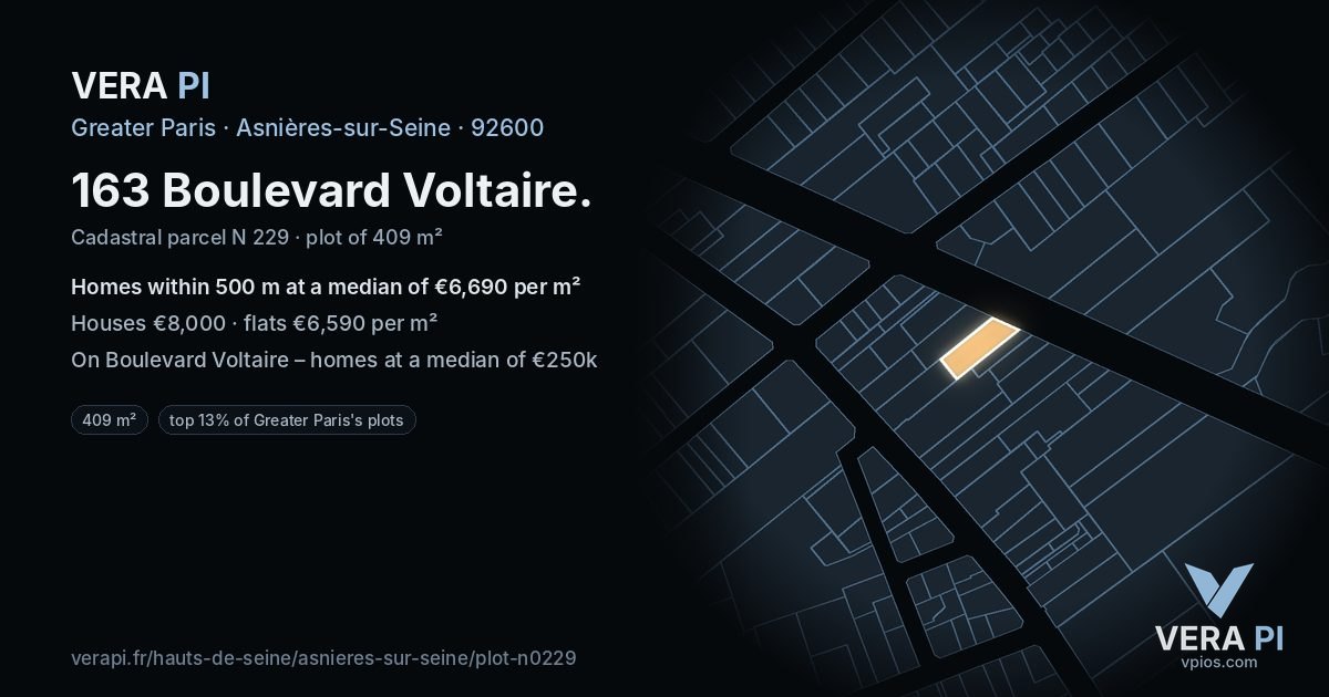 163 Boulevard Voltaire, Asnières-sur-Seine at night – the plot lit, the parcels around coloured by the prices near them