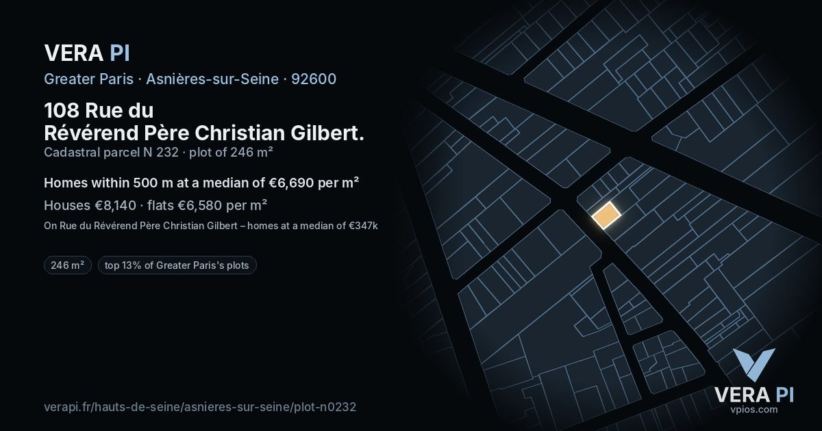 108 Rue du Révérend Père Christian Gilbert, Asnières-sur-Seine at night – the plot lit, the parcels around coloured by the prices near them