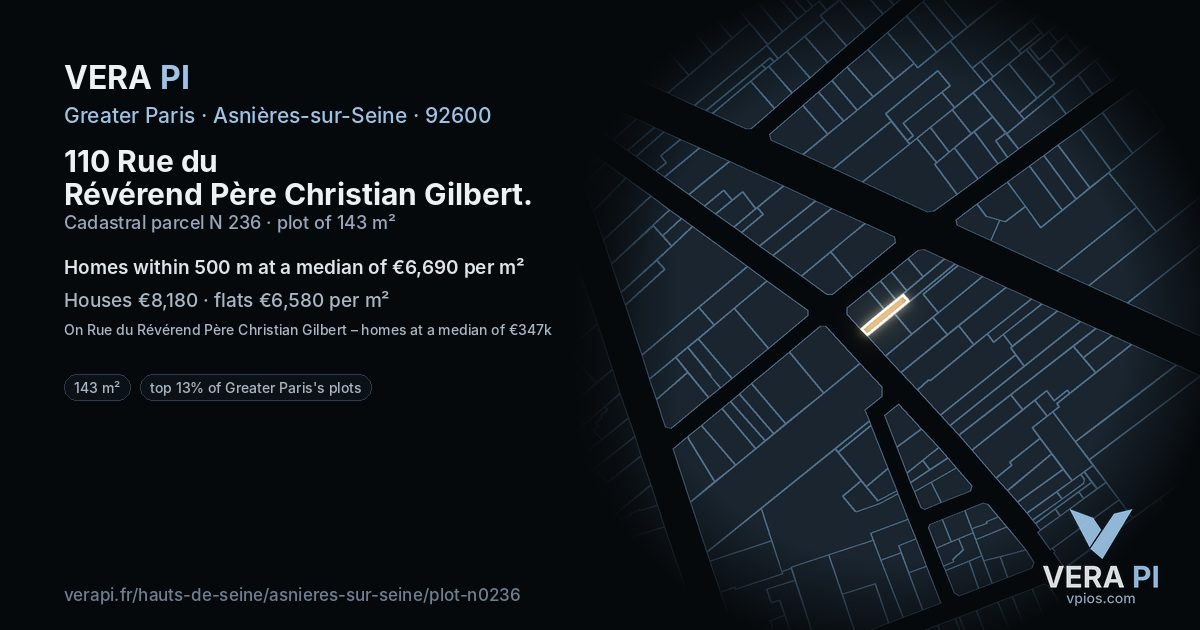 110 Rue du Révérend Père Christian Gilbert, Asnières-sur-Seine at night – the plot lit, the parcels around coloured by the prices near them