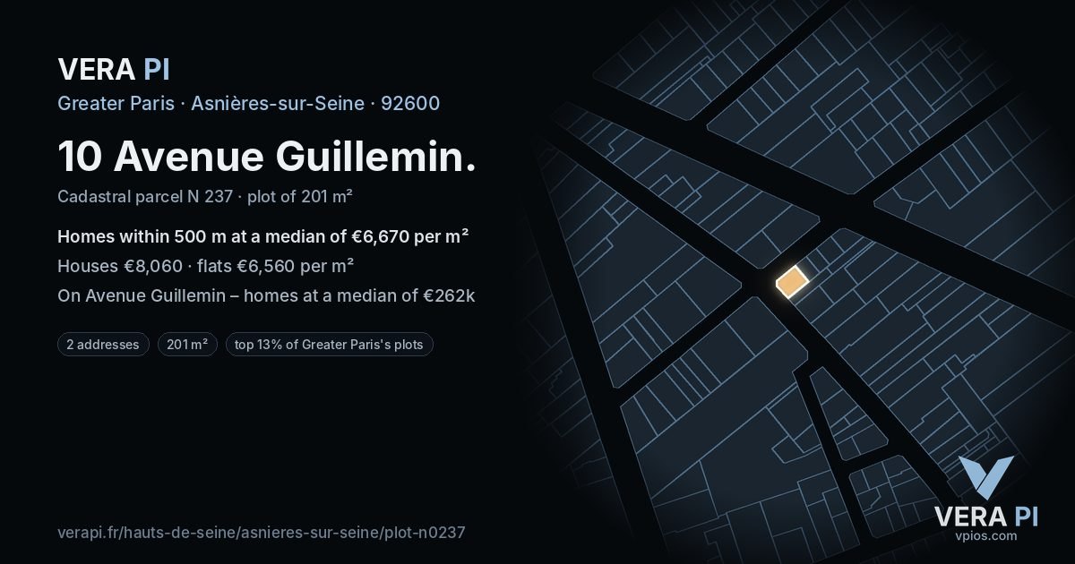 10 Avenue Guillemin, Asnières-sur-Seine at night – the plot lit, the parcels around coloured by the prices near them