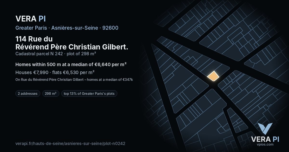 114 Rue du Révérend Père Christian Gilbert, Asnières-sur-Seine at night – the plot lit, the parcels around coloured by the prices near them