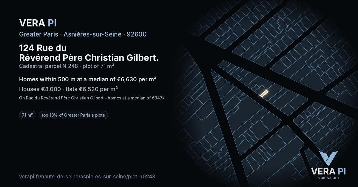 124 Rue du Révérend Père Christian Gilbert, Asnières-sur-Seine at night – the plot lit, the parcels around coloured by the prices near them