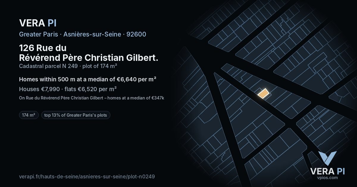 126 Rue du Révérend Père Christian Gilbert, Asnières-sur-Seine at night – the plot lit, the parcels around coloured by the prices near them