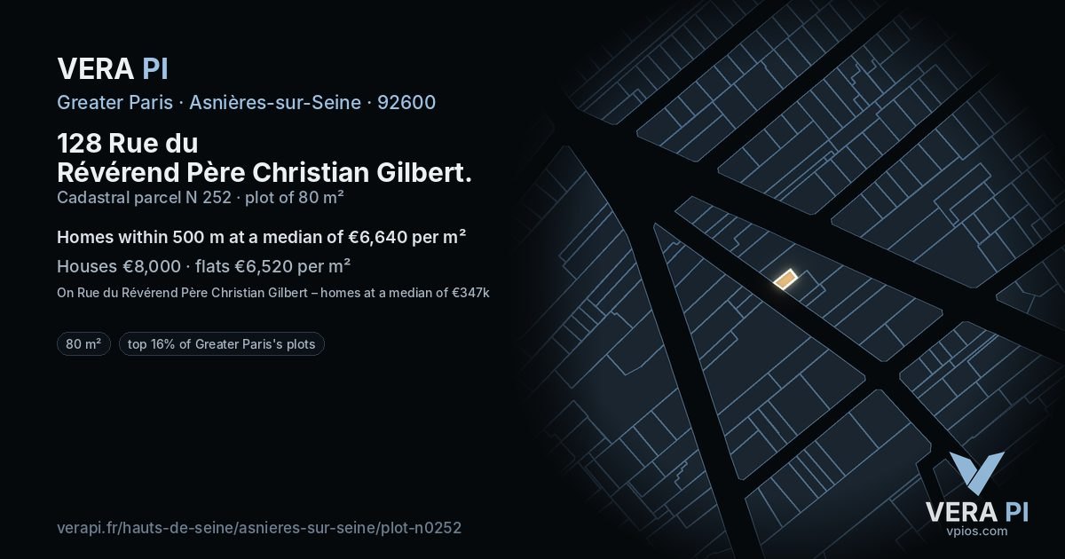 128 Rue du Révérend Père Christian Gilbert, Asnières-sur-Seine at night – the plot lit, the parcels around coloured by the prices near them