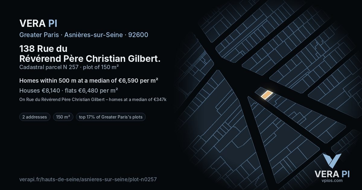 138 Rue du Révérend Père Christian Gilbert, Asnières-sur-Seine at night – the plot lit, the parcels around coloured by the prices near them