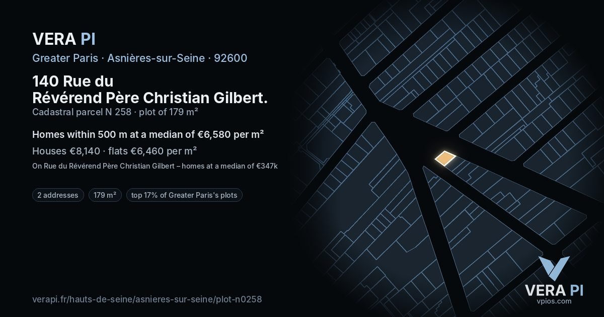 140 Rue du Révérend Père Christian Gilbert, Asnières-sur-Seine at night – the plot lit, the parcels around coloured by the prices near them