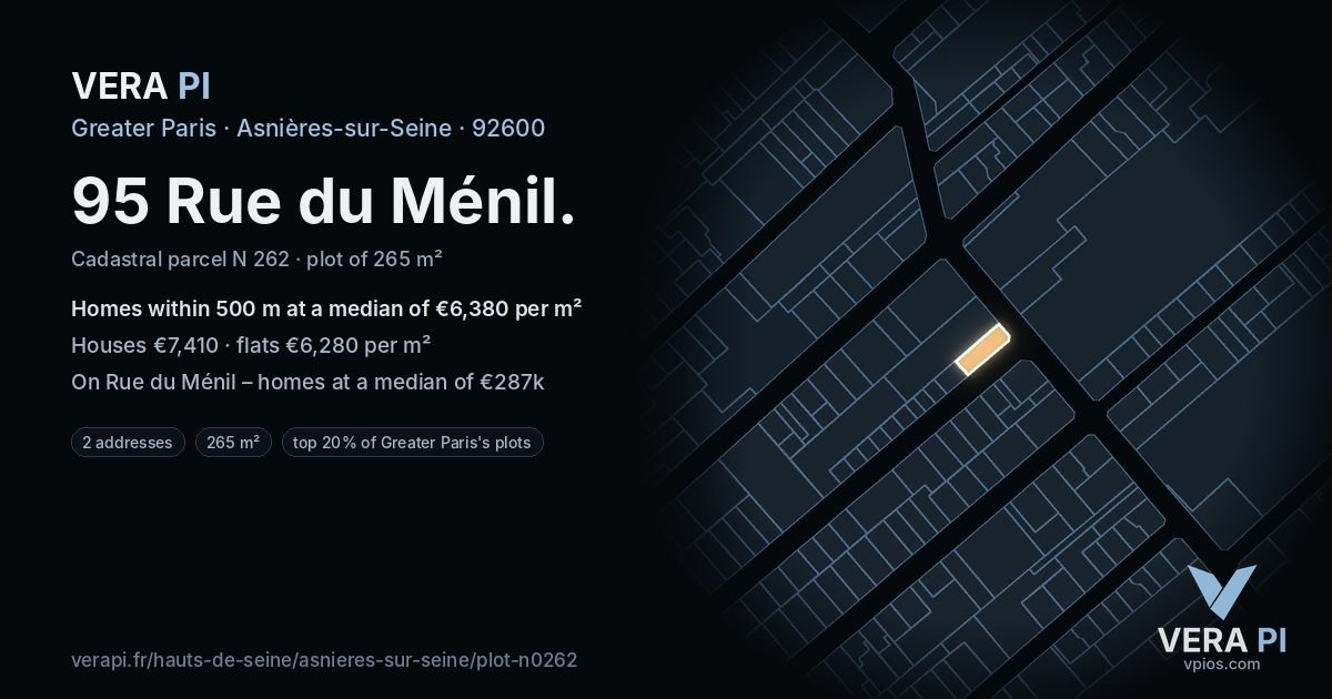 95 Rue du Ménil, Asnières-sur-Seine at night – the plot lit, the parcels around coloured by the prices near them