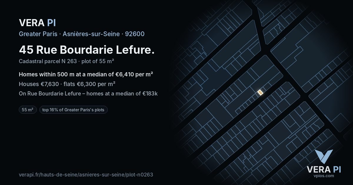 45 Rue Bourdarie Lefure, Asnières-sur-Seine at night – the plot lit, the parcels around coloured by the prices near them