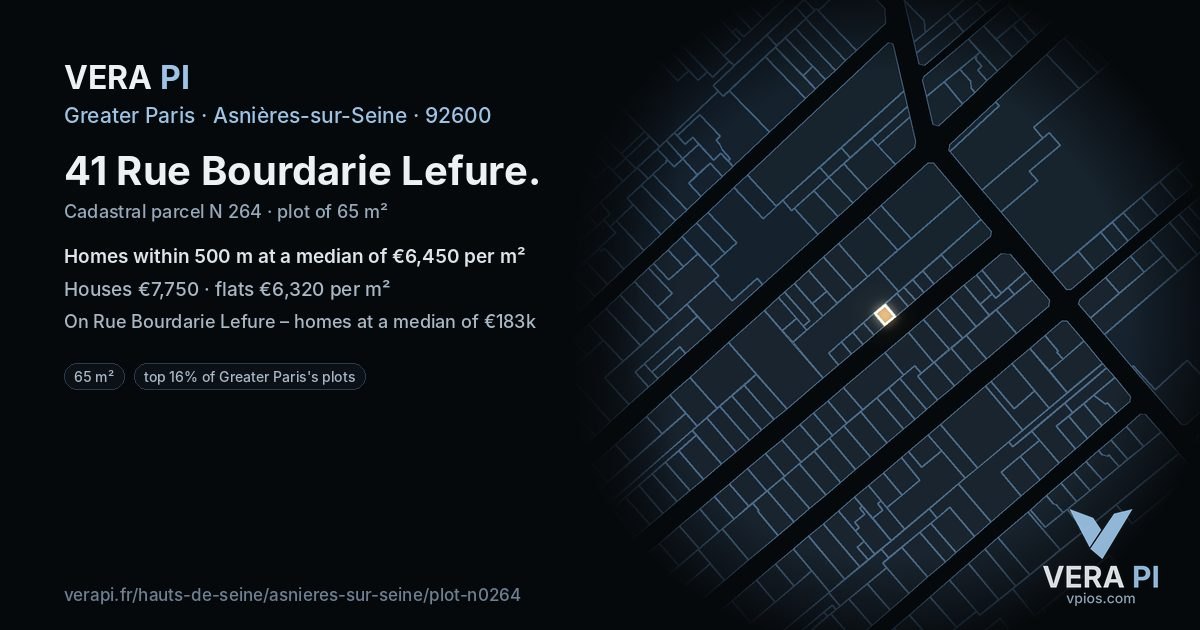 41 Rue Bourdarie Lefure, Asnières-sur-Seine at night – the plot lit, the parcels around coloured by the prices near them