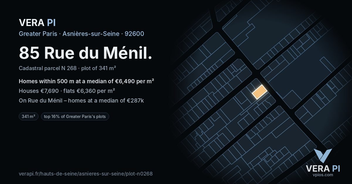 85 Rue du Ménil, Asnières-sur-Seine at night – the plot lit, the parcels around coloured by the prices near them