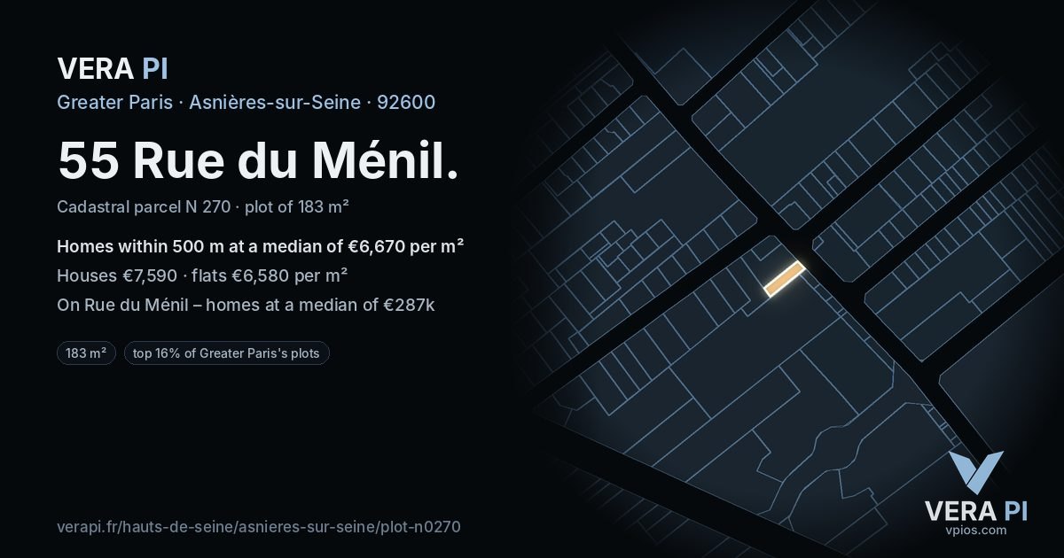 55 Rue du Ménil, Asnières-sur-Seine at night – the plot lit, the parcels around coloured by the prices near them