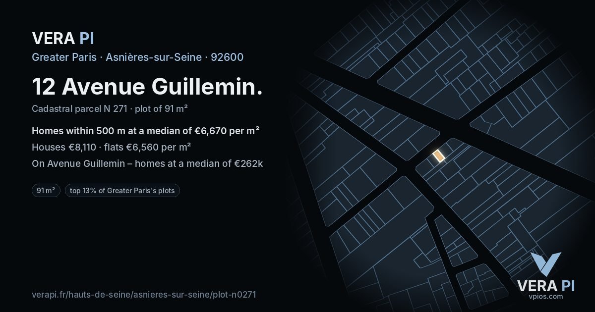 12 Avenue Guillemin, Asnières-sur-Seine at night – the plot lit, the parcels around coloured by the prices near them