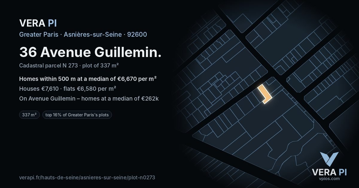 36 Avenue Guillemin, Asnières-sur-Seine at night – the plot lit, the parcels around coloured by the prices near them