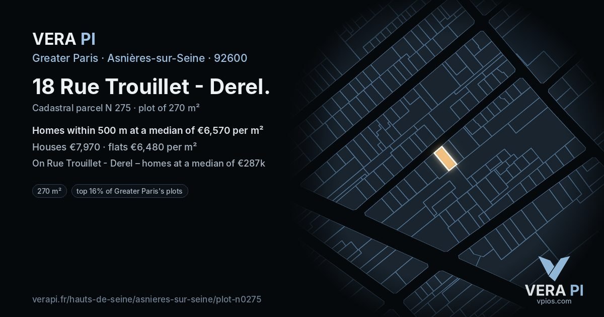 18 Rue Trouillet - Derel, Asnières-sur-Seine at night – the plot lit, the parcels around coloured by the prices near them
