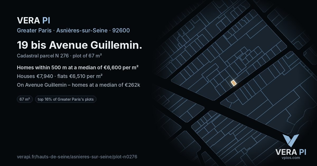 19 bis Avenue Guillemin, Asnières-sur-Seine at night – the plot lit, the parcels around coloured by the prices near them