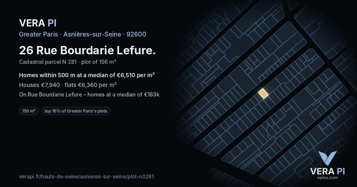 26 Rue Bourdarie Lefure, Asnières-sur-Seine at night – the plot lit, the parcels around coloured by the prices near them