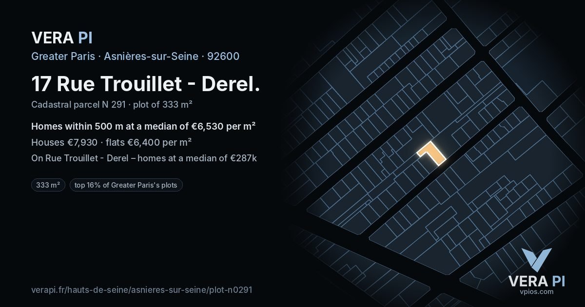 17 Rue Trouillet - Derel, Asnières-sur-Seine at night – the plot lit, the parcels around coloured by the prices near them