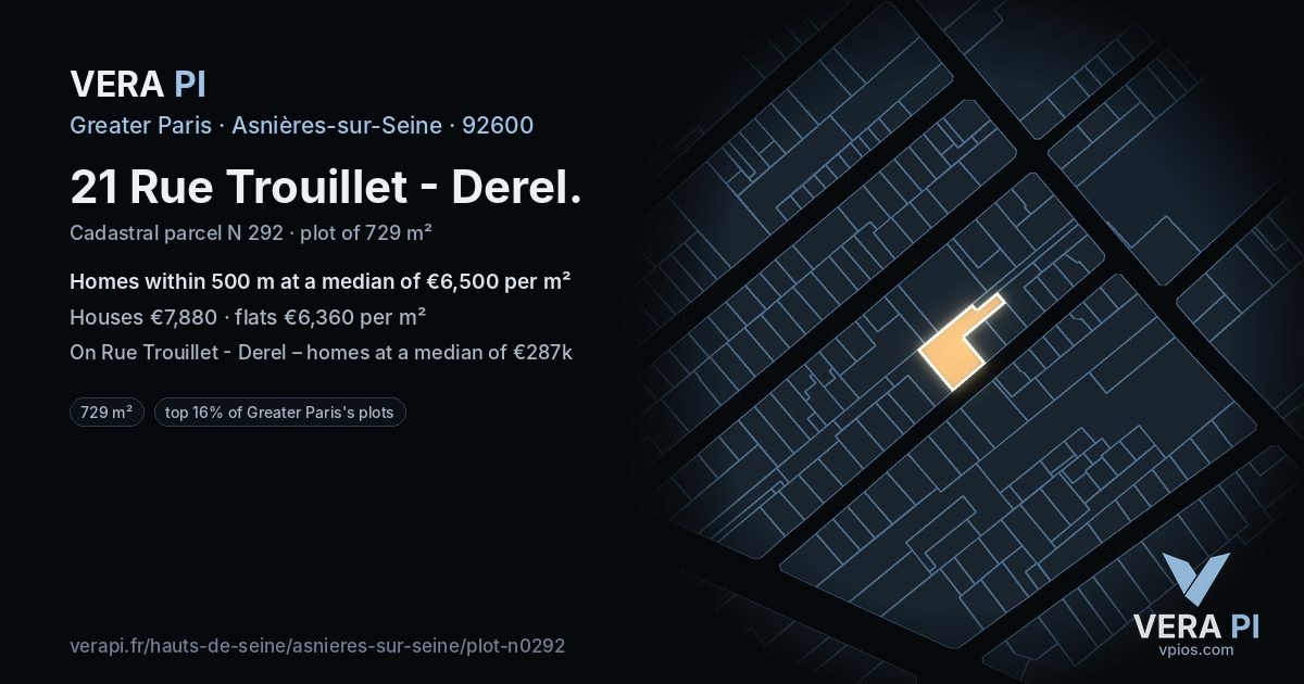 21 Rue Trouillet - Derel, Asnières-sur-Seine at night – the plot lit, the parcels around coloured by the prices near them