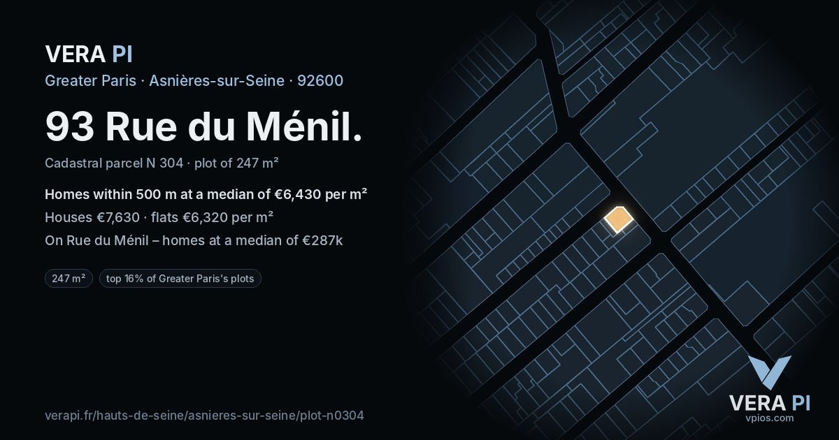 93 Rue du Ménil, Asnières-sur-Seine at night – the plot lit, the parcels around coloured by the prices near them