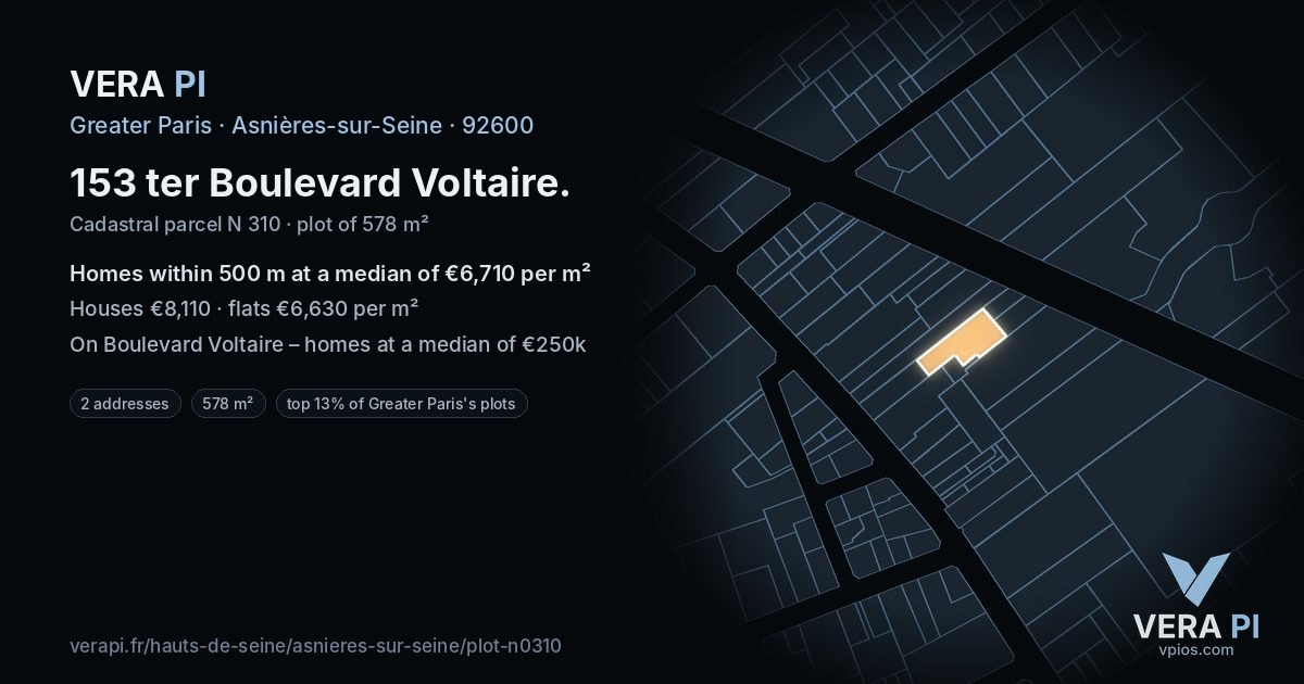 153 ter Boulevard Voltaire, Asnières-sur-Seine at night – the plot lit, the parcels around coloured by the prices near them