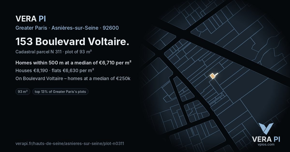 153 Boulevard Voltaire, Asnières-sur-Seine at night – the plot lit, the parcels around coloured by the prices near them