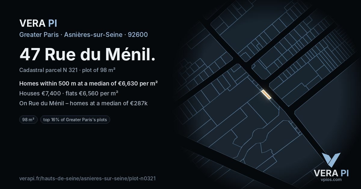 47 Rue du Ménil, Asnières-sur-Seine at night – the plot lit, the parcels around coloured by the prices near them
