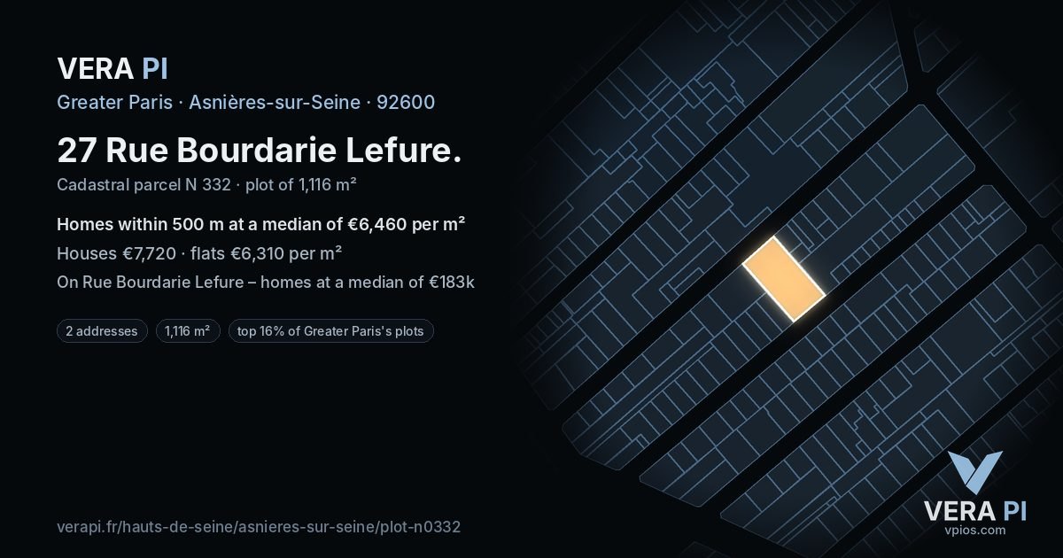 27 Rue Bourdarie Lefure, Asnières-sur-Seine at night – the plot lit, the parcels around coloured by the prices near them