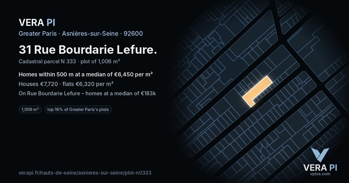 31 Rue Bourdarie Lefure, Asnières-sur-Seine at night – the plot lit, the parcels around coloured by the prices near them