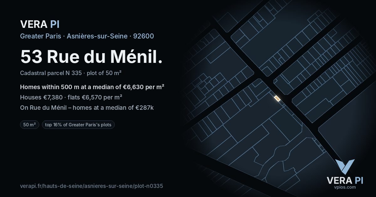 53 Rue du Ménil, Asnières-sur-Seine at night – the plot lit, the parcels around coloured by the prices near them