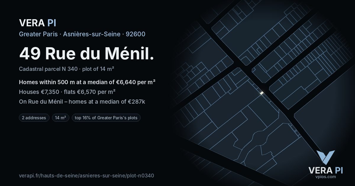 49 Rue du Ménil, Asnières-sur-Seine at night – the plot lit, the parcels around coloured by the prices near them