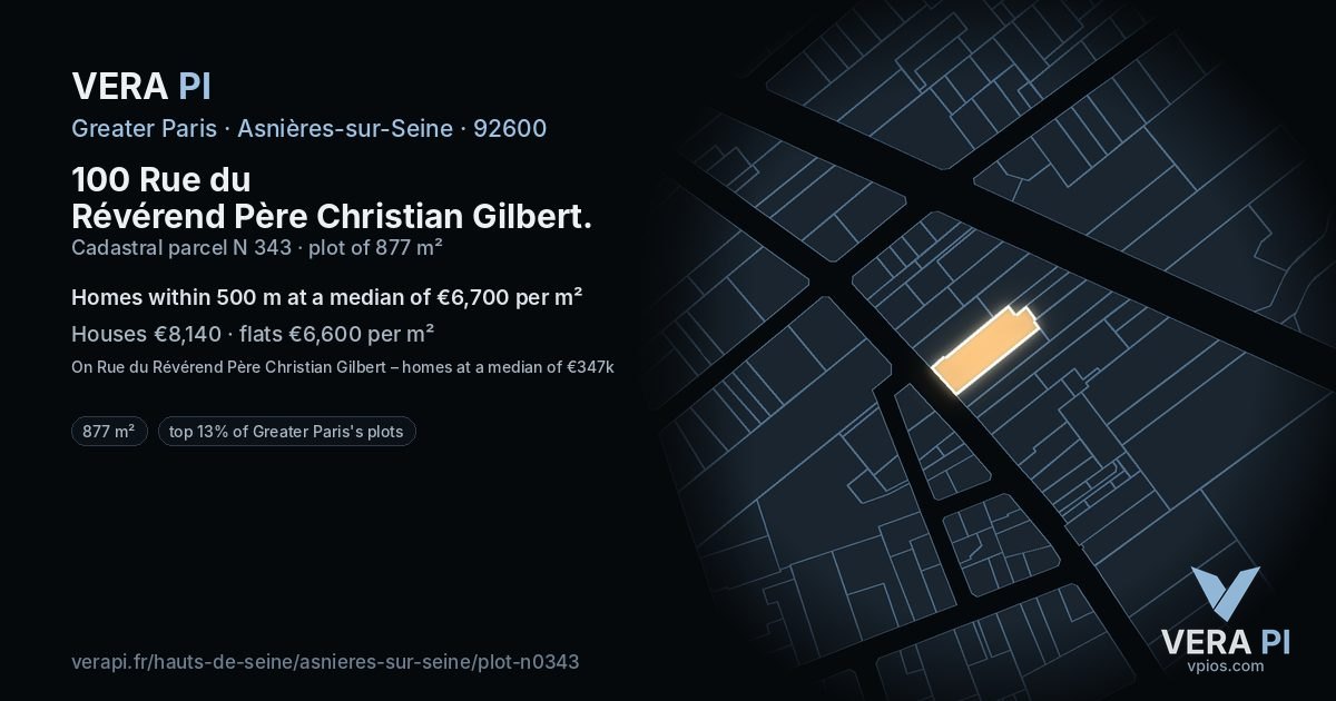 100 Rue du Révérend Père Christian Gilbert, Asnières-sur-Seine at night – the plot lit, the parcels around coloured by the prices near them