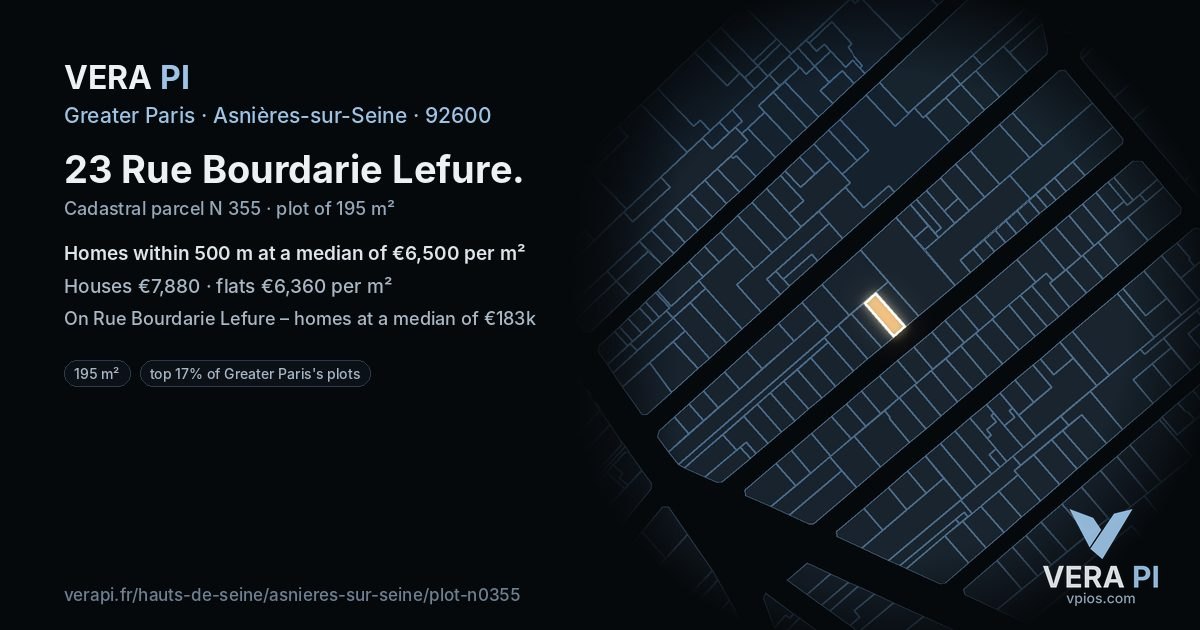 23 Rue Bourdarie Lefure, Asnières-sur-Seine at night – the plot lit, the parcels around coloured by the prices near them
