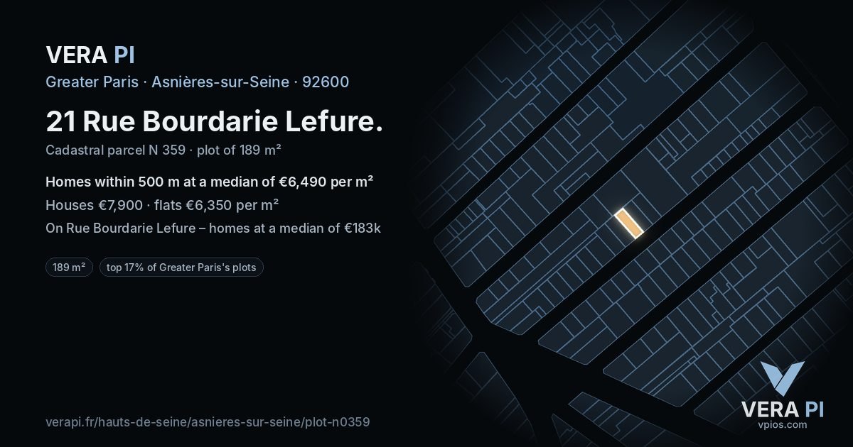 21 Rue Bourdarie Lefure, Asnières-sur-Seine at night – the plot lit, the parcels around coloured by the prices near them