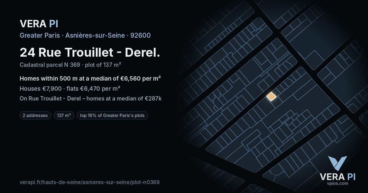 24 Rue Trouillet - Derel, Asnières-sur-Seine at night – the plot lit, the parcels around coloured by the prices near them
