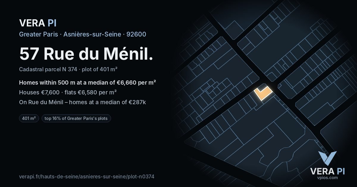 57 Rue du Ménil, Asnières-sur-Seine at night – the plot lit, the parcels around coloured by the prices near them